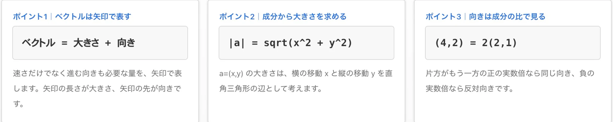 ベクトルの重要ポイントを3枚のカードで整理する画面